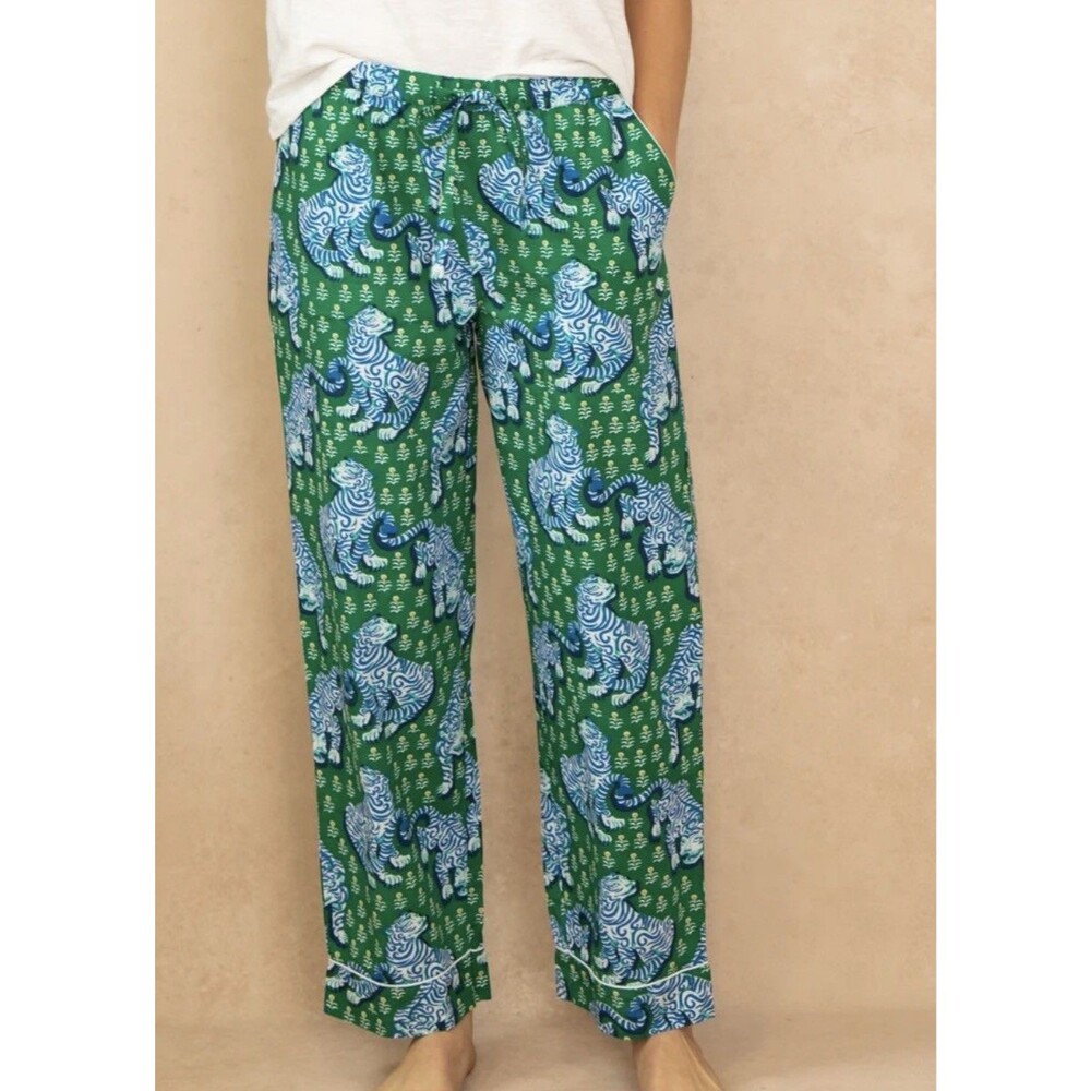 Printfresh PJ Pants in Tiger Queen Blue Green Jade Sz M $84 Organic Cotton